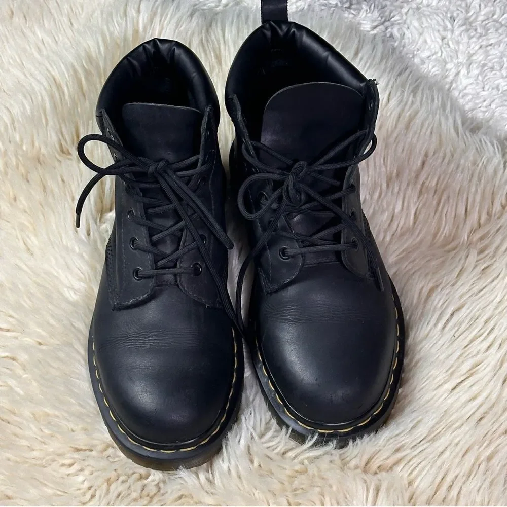 Dr. Martens Black Leather Lace-Up Ankle Boots with Yellow Stitching
